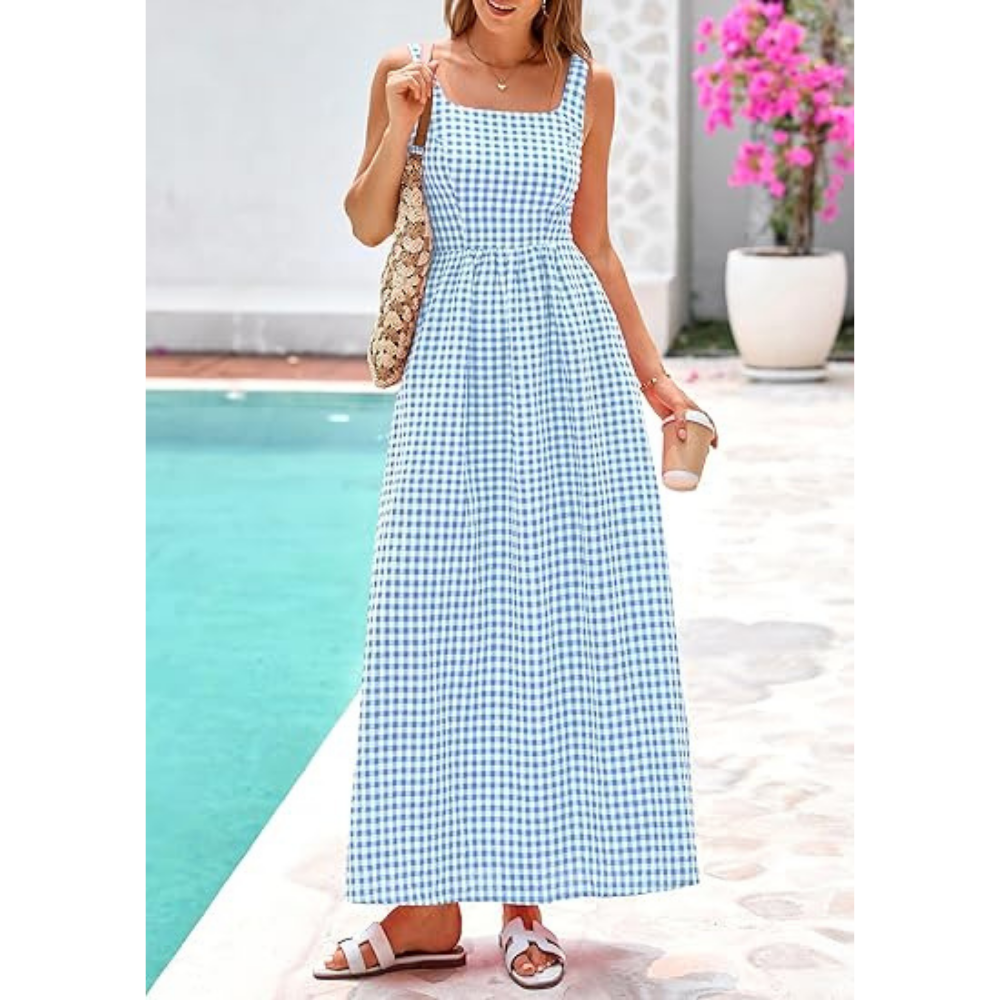 Women's Plaid Square Neck Maxi Dress, Spaghetti Strap A-Line Casual Beach Sundress