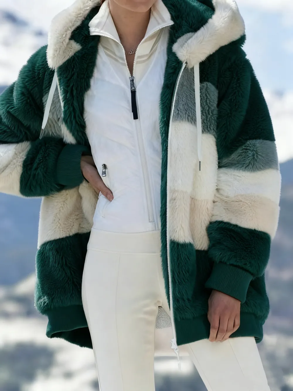 Women's Colorblock Drop Shoulder Hooded Polar Fleece Coat