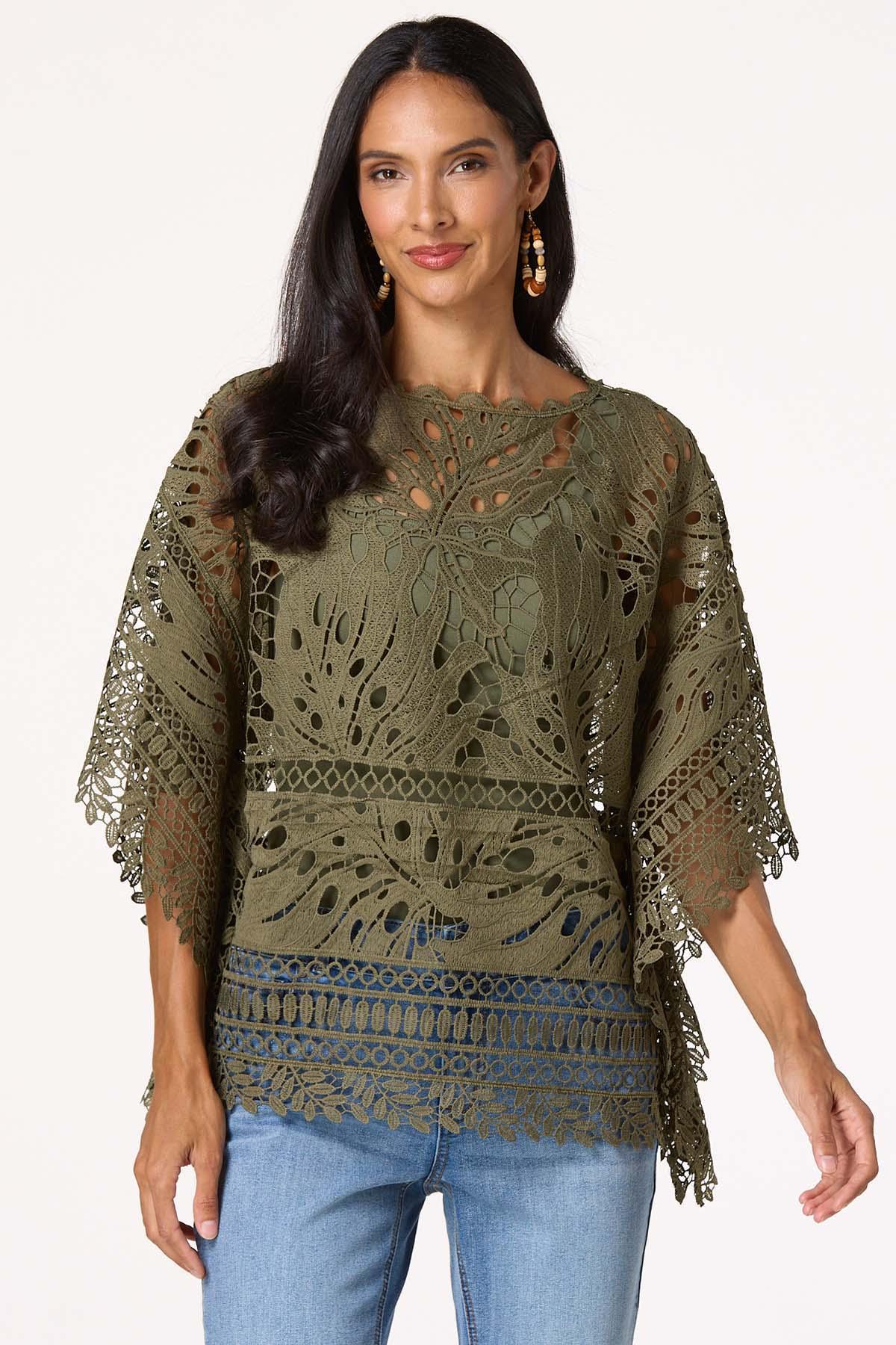 Green Leaf Crochet Popover Top