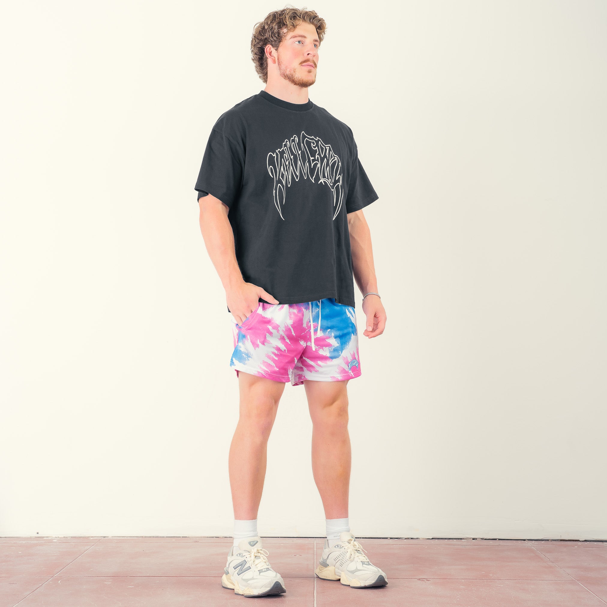 MUAY THAI SHORTS (MID THIGH CUT) RETRO - BLUE / PINK