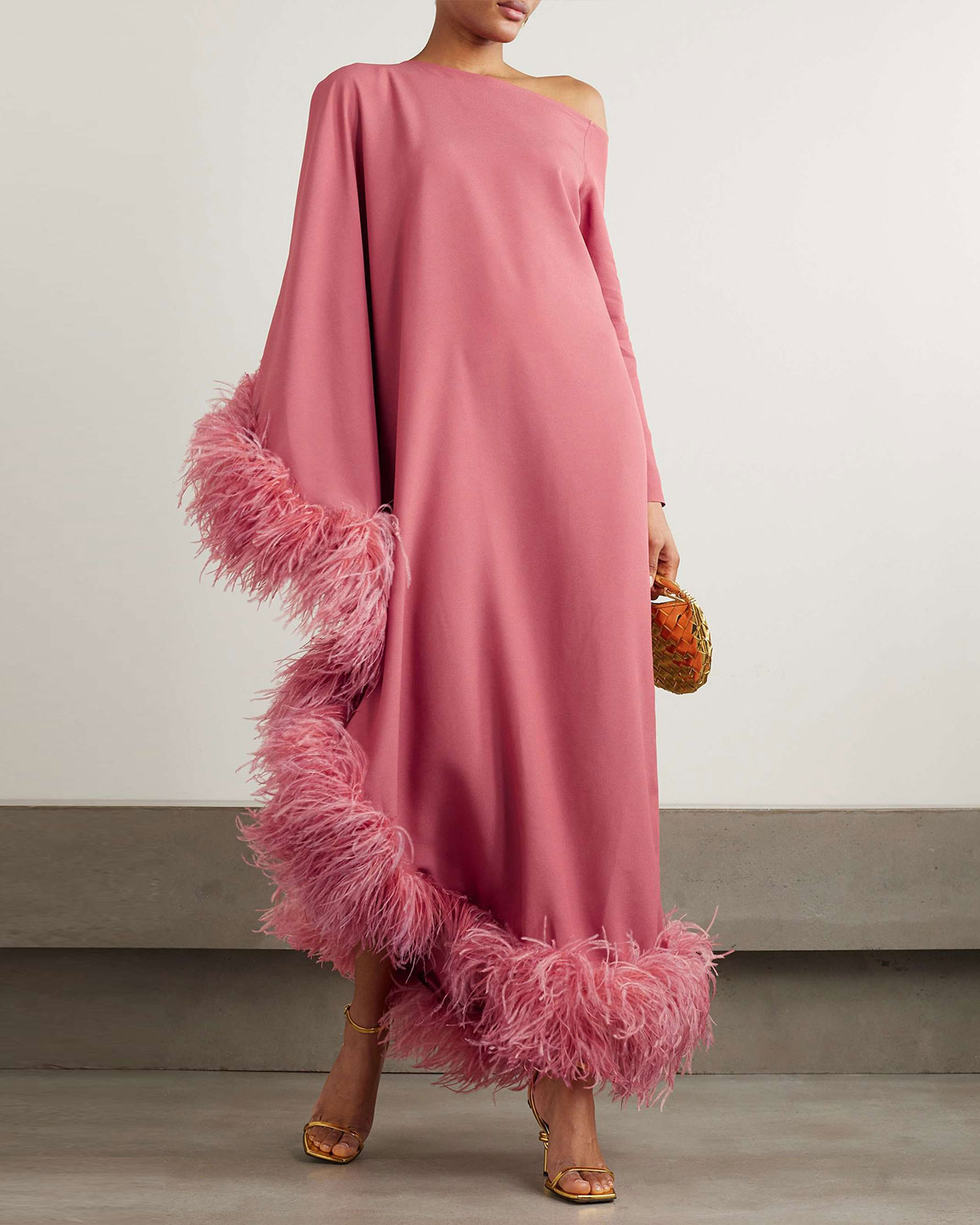 Feather-Trimmed Crepe Midi Dress