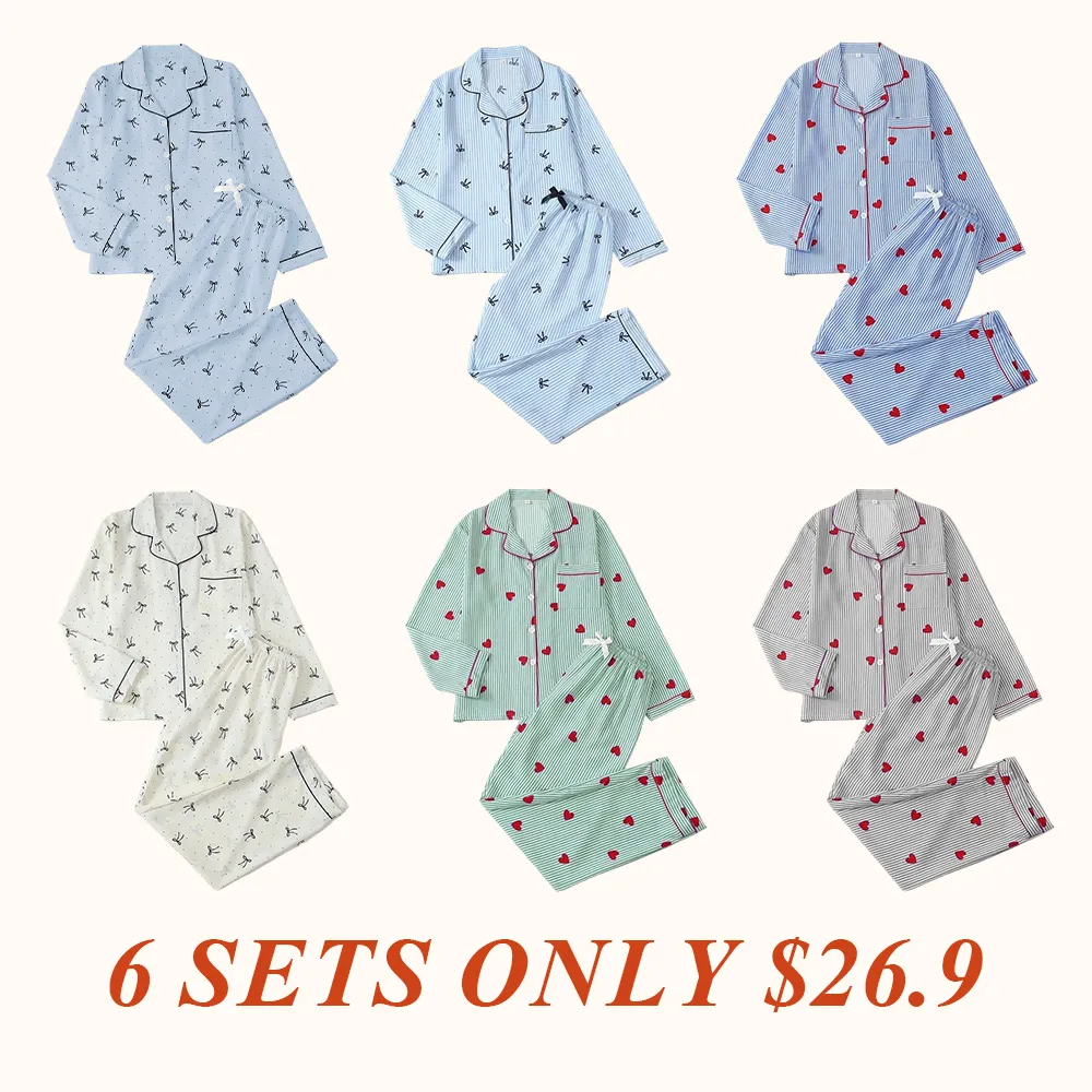 Women's Striped Bow Print Long Sleeve Pajama Set