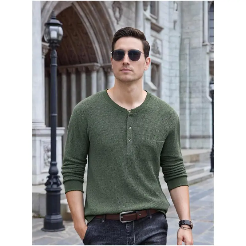 Men's Waffle Henley Long Sleeve Pocket Tee