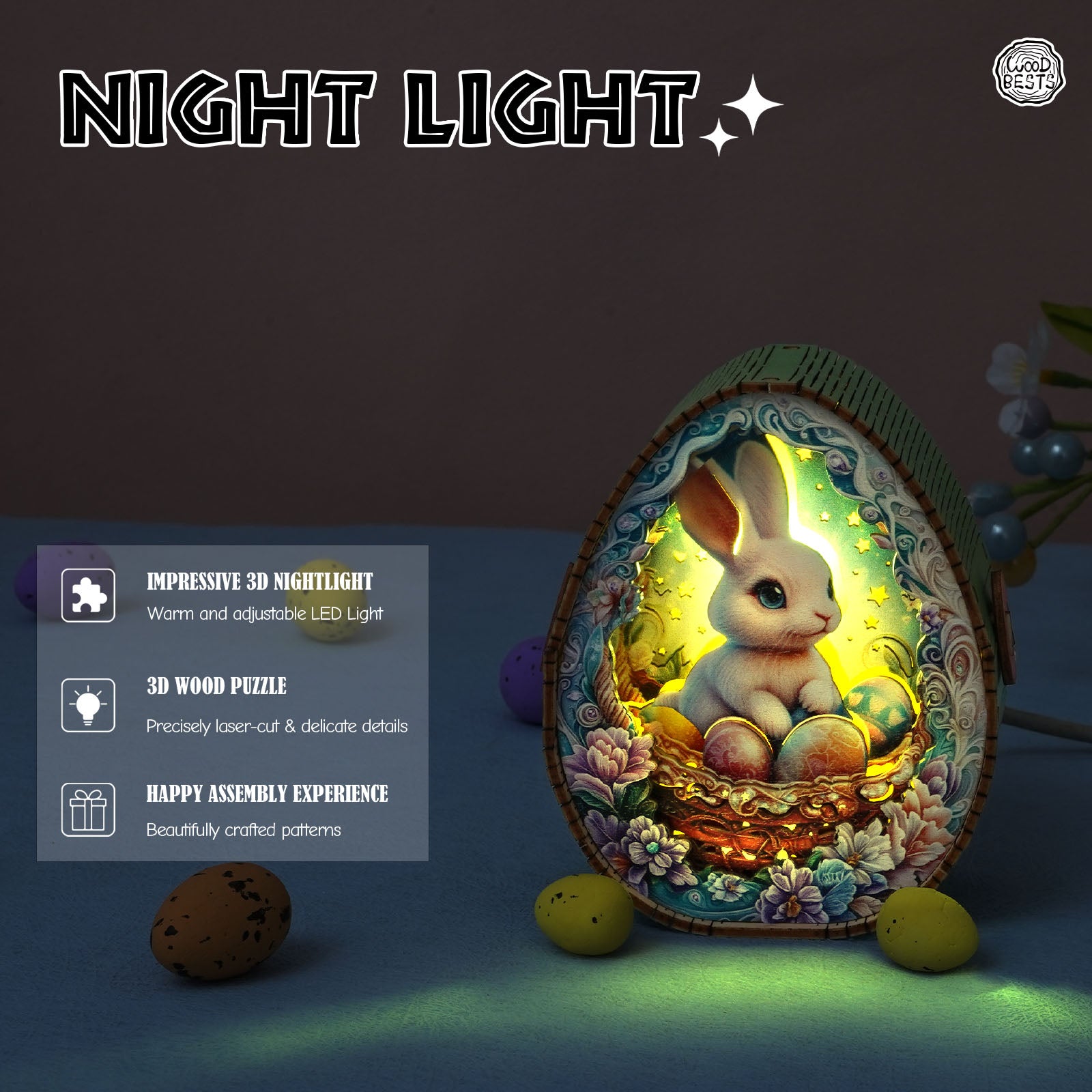 Bunny and Easter eggs Kit - 3D Wooden Puzzle Night Light