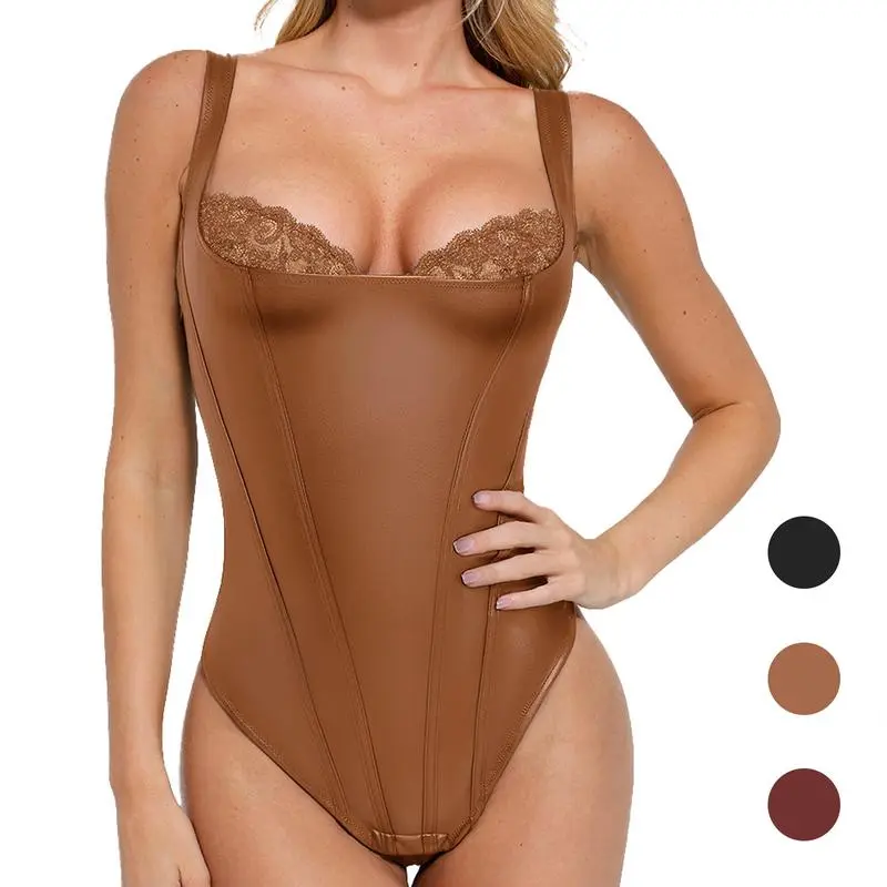 Leather Corset Top bodysuit Lace Trim Shapewear Tummy Control Bustier