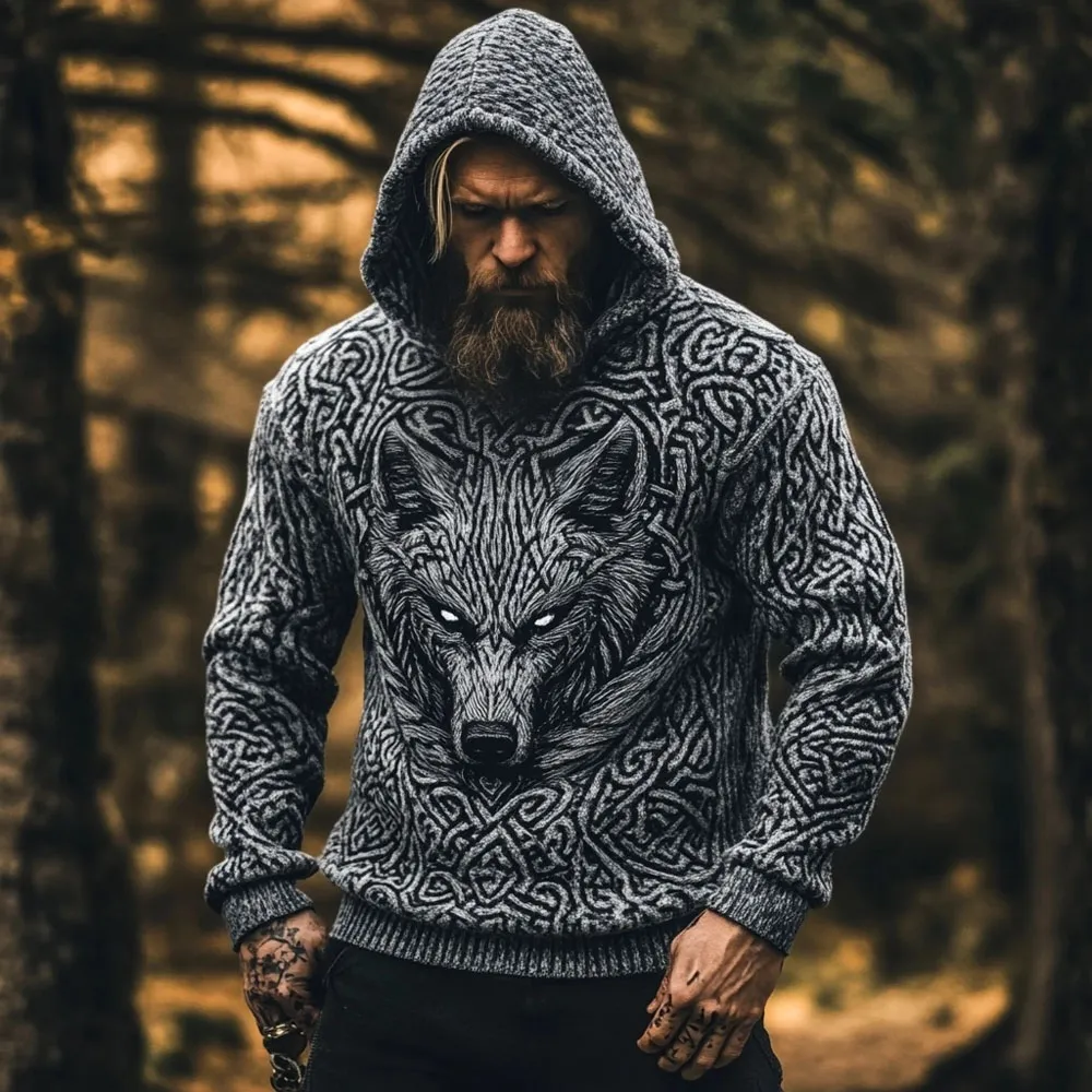 Men's Wolf Inspired Viking Celtic Jacquard Cozy Hooded Sweater