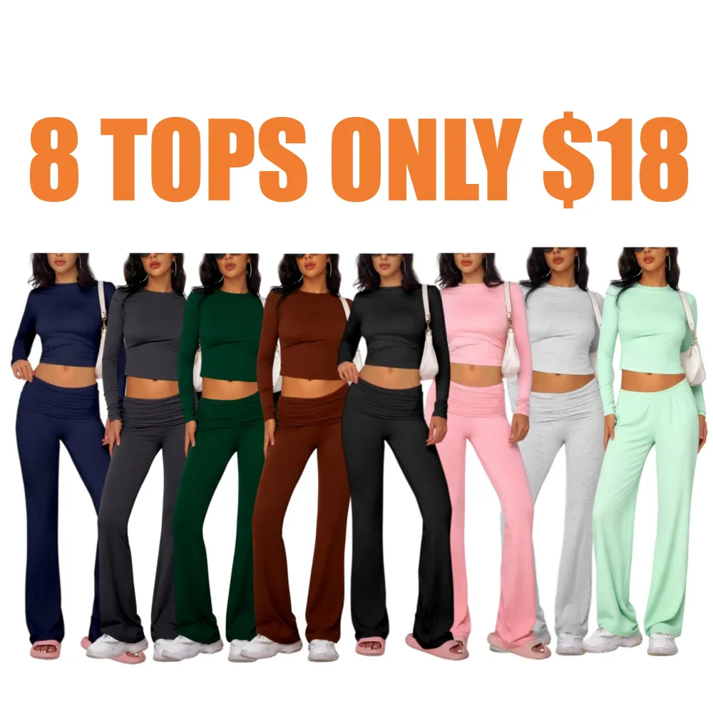 Casual Longsleeves Crop Tee & Fold Over Waist Flare Leg Pants Set