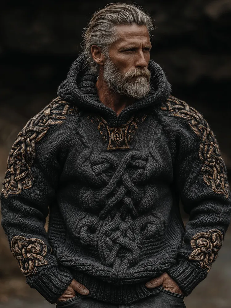 Men's Vintage Viking Celtic Knot Art Knit Hooded Sweater