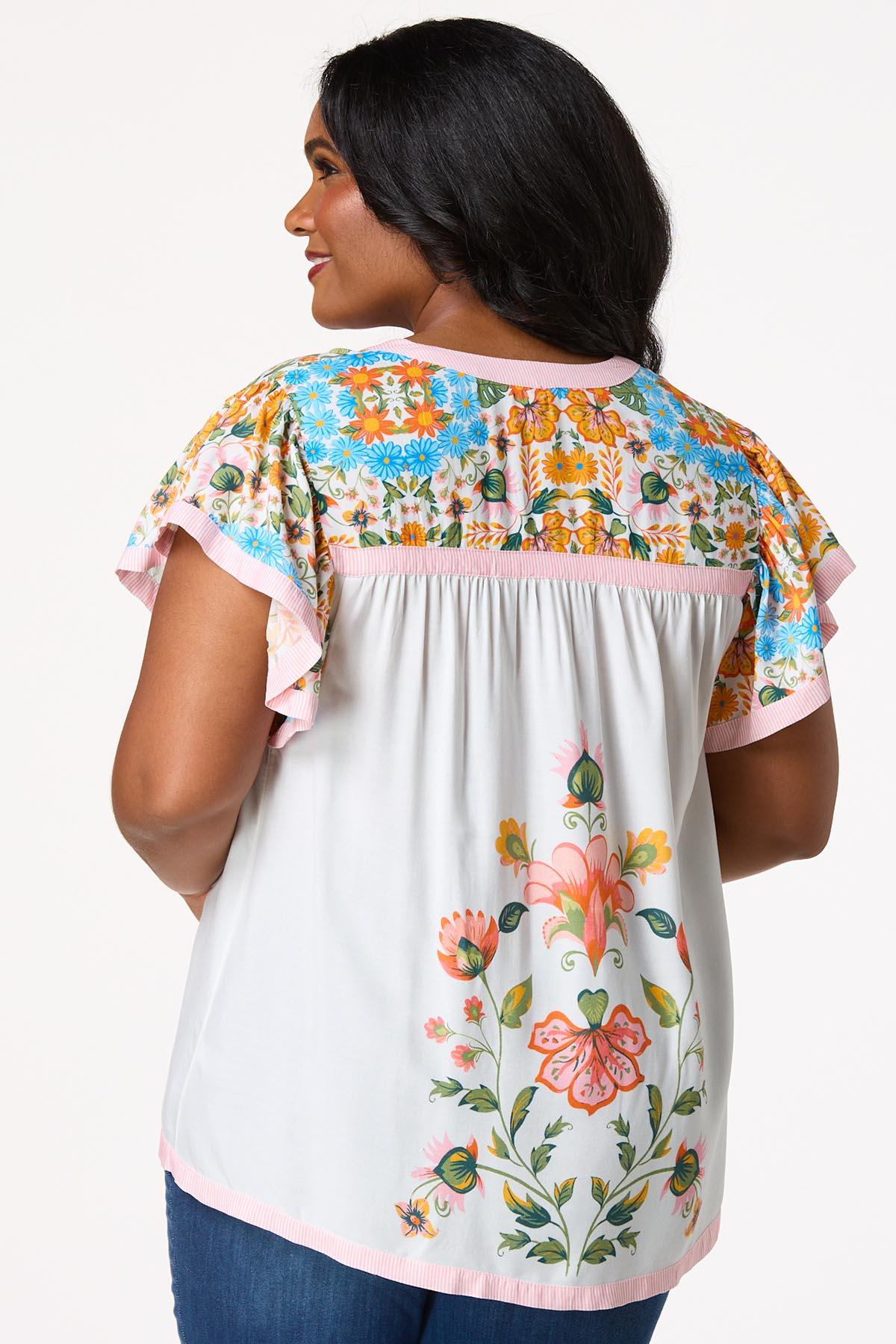 Plus Size Floral Print Stripe Trim Top