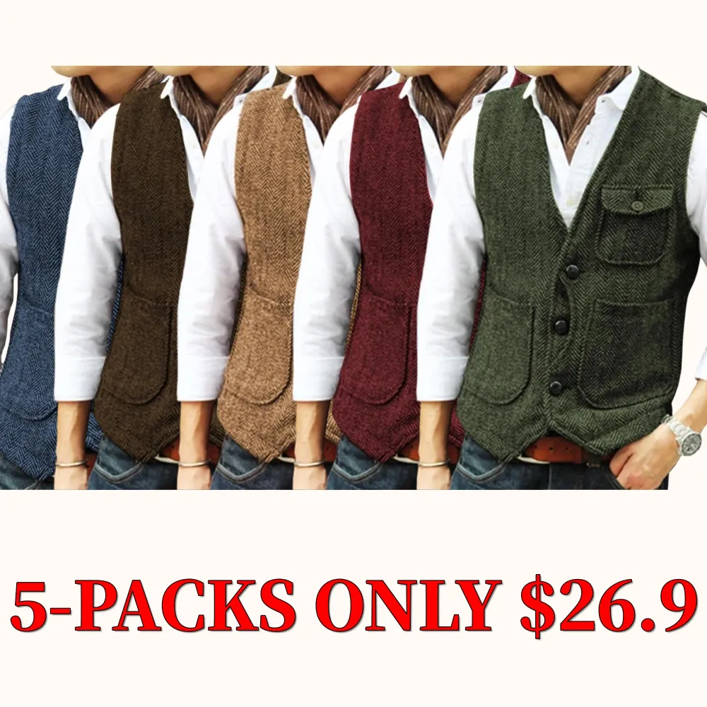 Men's vintage tweed vest, made from herringbone wool blend fabric