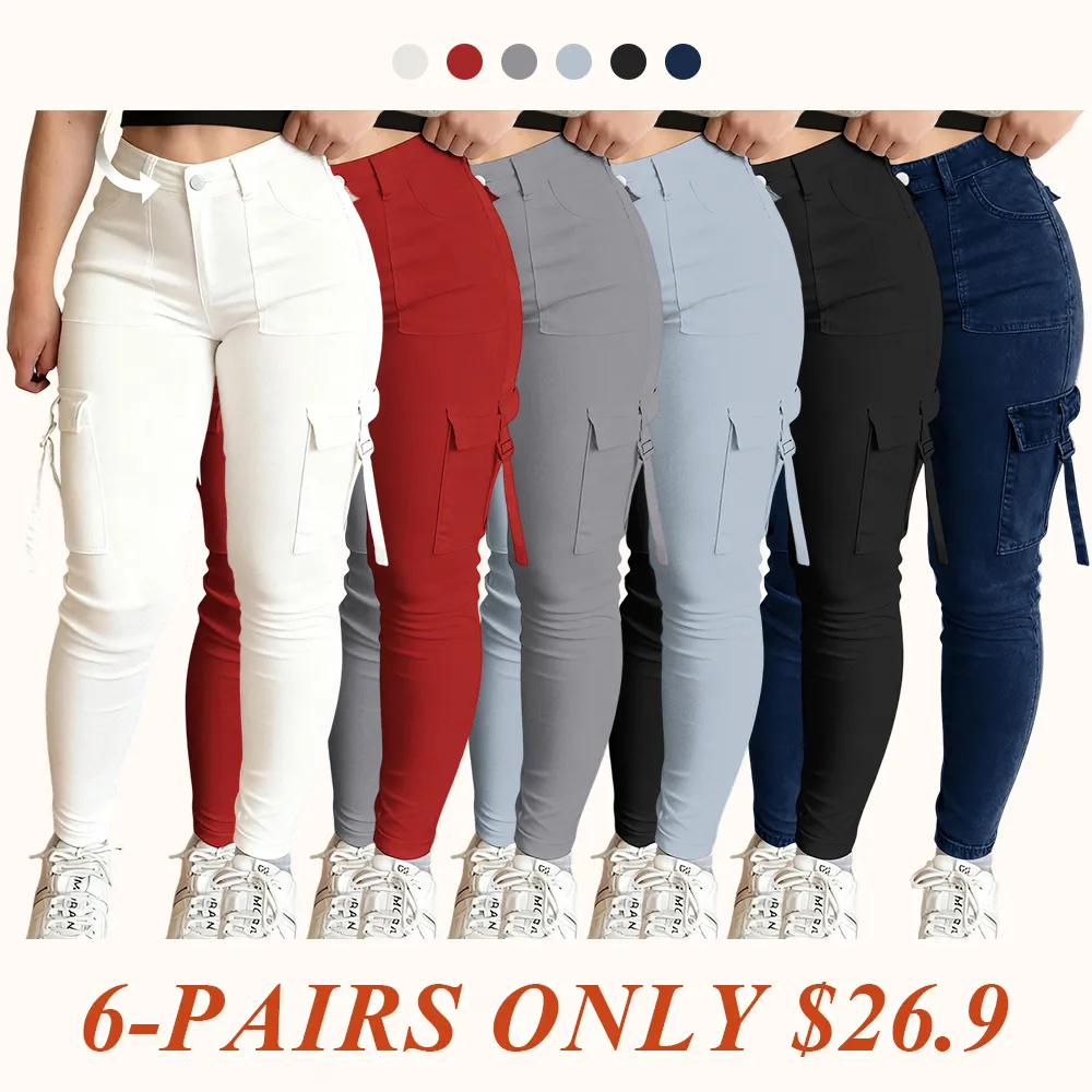 Women's Plain Multi-pocket Denim Cargo Pants