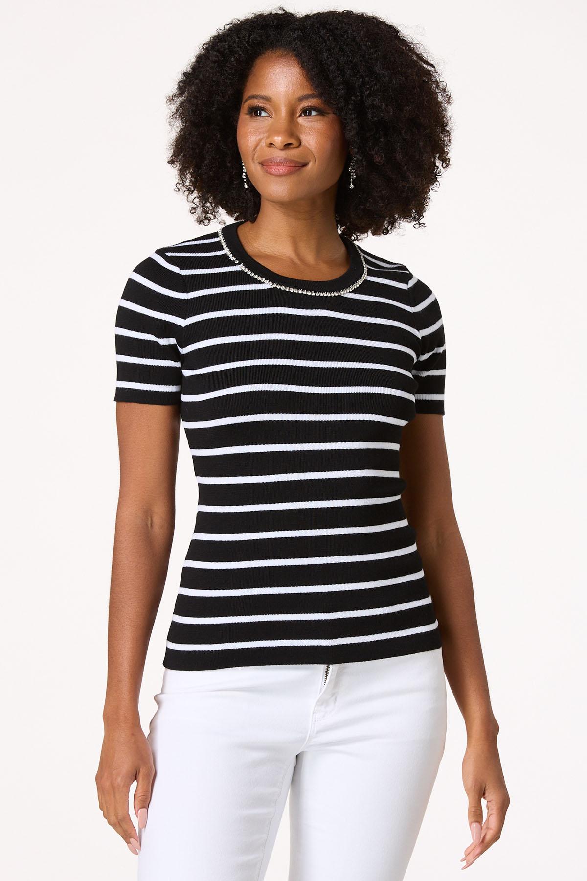 Black White Rhinestone Trim Sweater