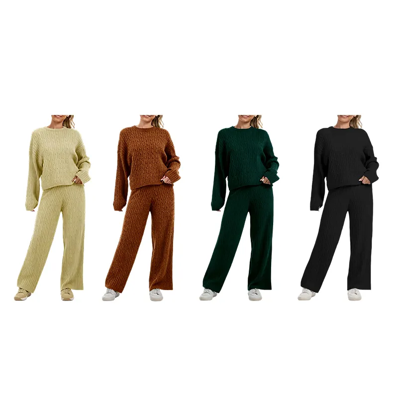 Women's Cable KnitBLACK FRIDAYSweater Lounge Set-Long Sleeve Pullover Top &High-Waisted Wide Leg Pants, Cozy 2-PieceOutfit for Fall & Winter