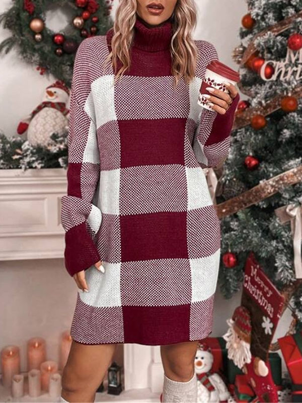 Contrast Color Plaid Long Sleeves Loose High Neck Sweater Dresses Mini Dresses