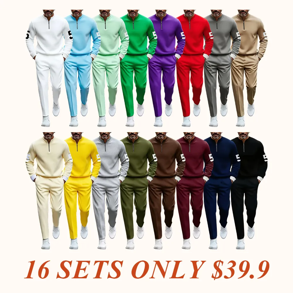 Fashion Stand up Collar Half Zipper Geometric Casual Simple Men's Set