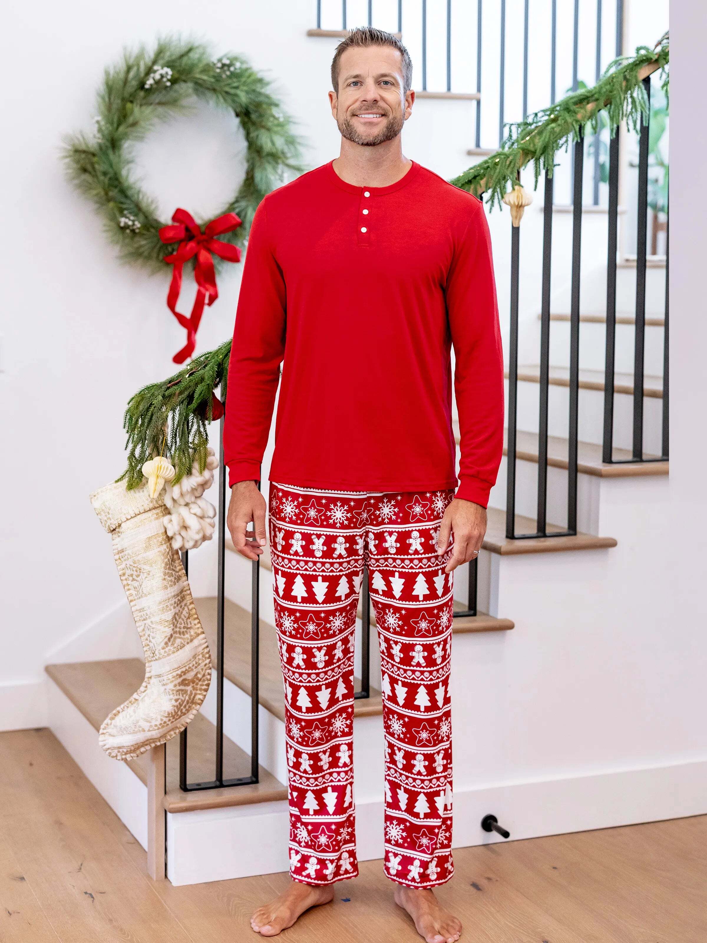 Christmas Matching Family Pajamas Set Gingerbread and Christmas Tree Print Red PJS with Christmas Socks Red