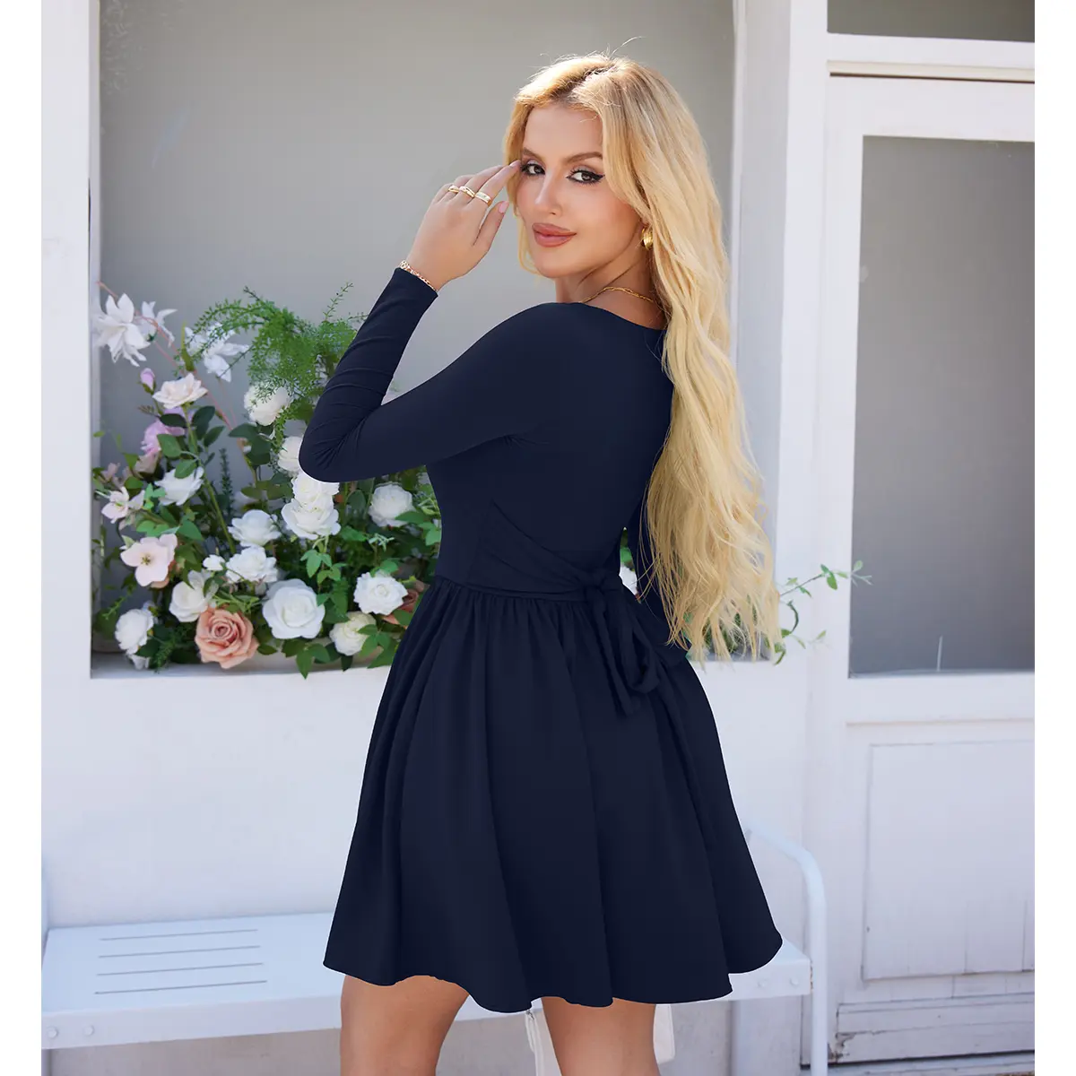 Women’s Long Sleeve Ruffle Hem Mini Dress with Pockets