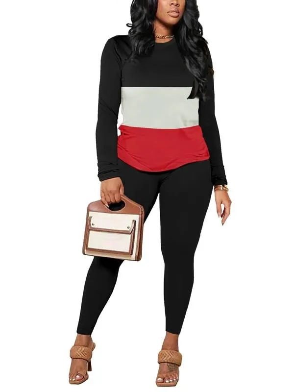 Two-Piece Set Women's Striped Print Long Sleeve Tee & Skinny Pants Set