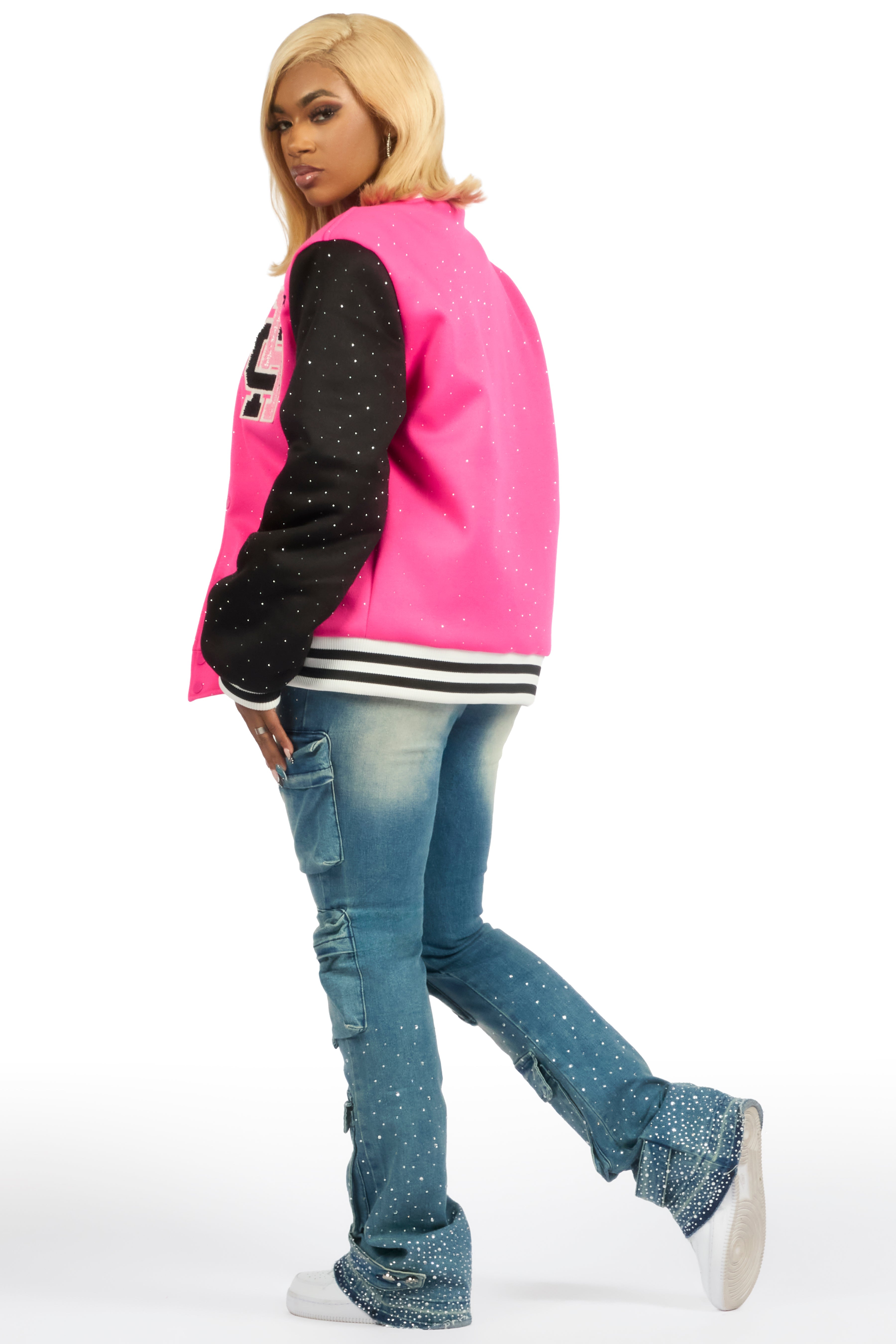 Ranesha Hot Pink/Black Rhinestone Varsity Jacket