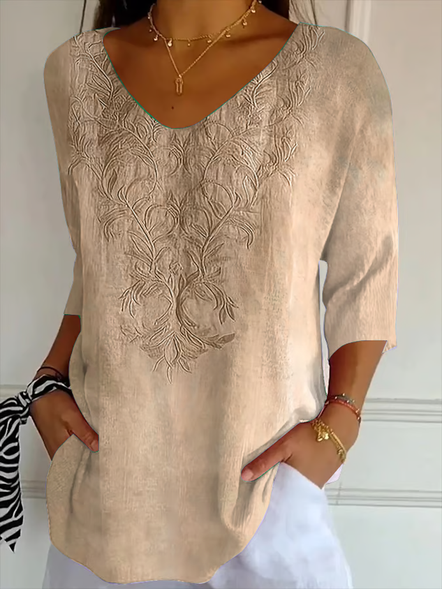 Women Casual Floral V neck Printing Daily Loose Three Quarter Sleeve T-shirts