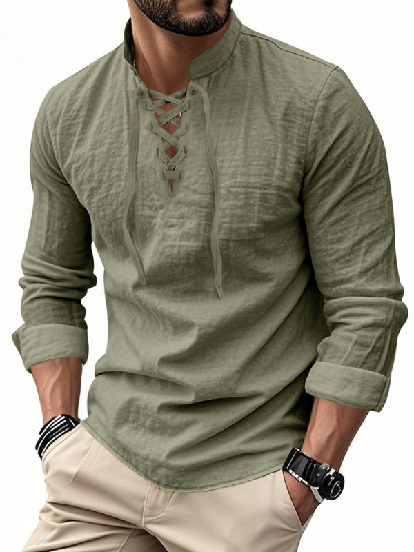 Men's Lightweight Breathable Linen Shirt, Drawstring Collar, Unique Design, Casual Plain Long Sleeve Polo, Perfect for Daily Commute Spring Fall Men's Clothing