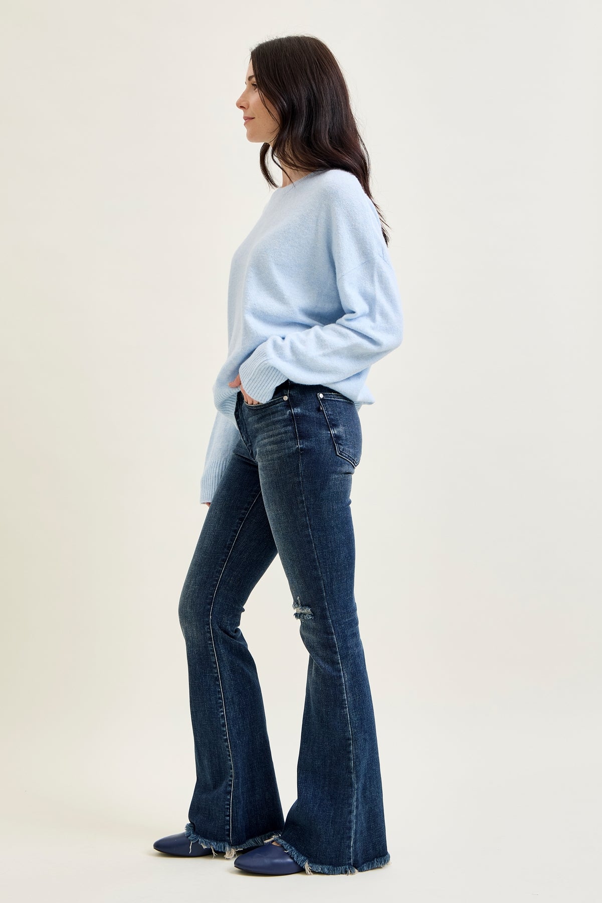Amanda Mid Rise Flare Jeans with Distressed Knee & Frayed Hem