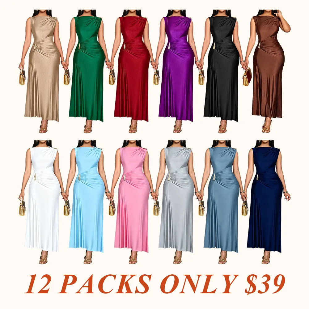 Aliling Elegant Chic Sleeveless Midi Dress for Women High Waist Folds Boat Neck Bodycon Fitted