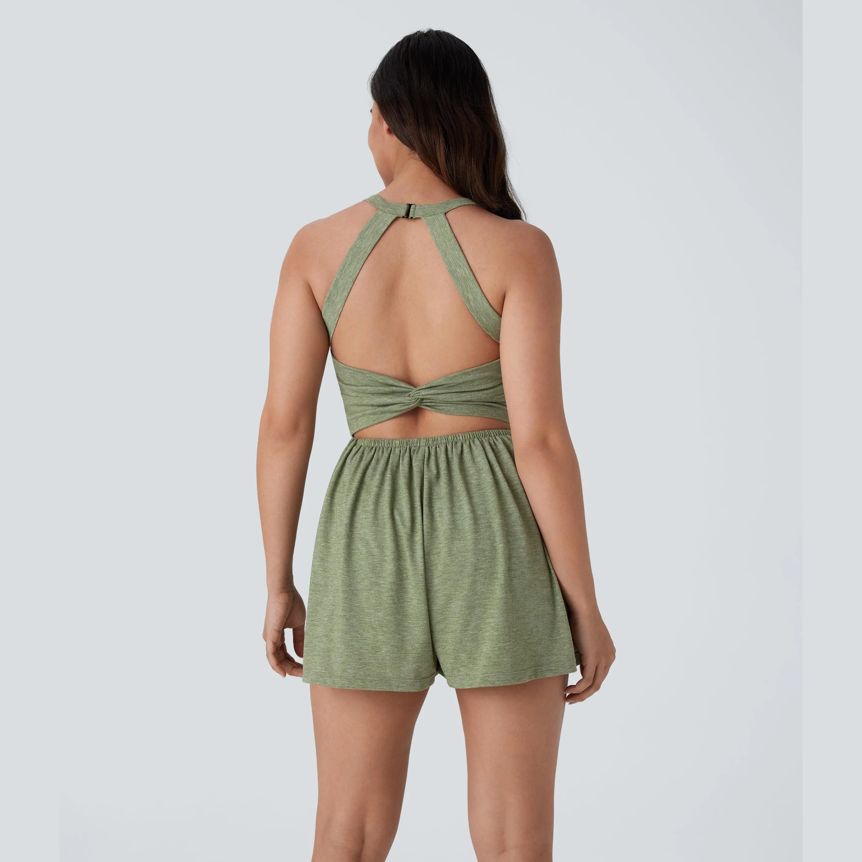 Women’s Backless Twisted 2-in-1 Resort Romper with Built-In Shorts & Pockets