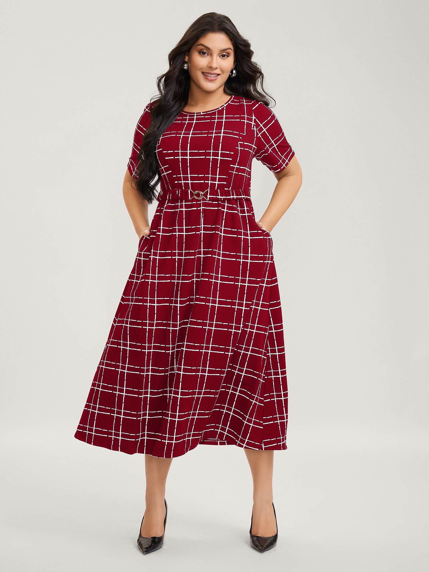 Grid Print Knit Belted Midi Dress