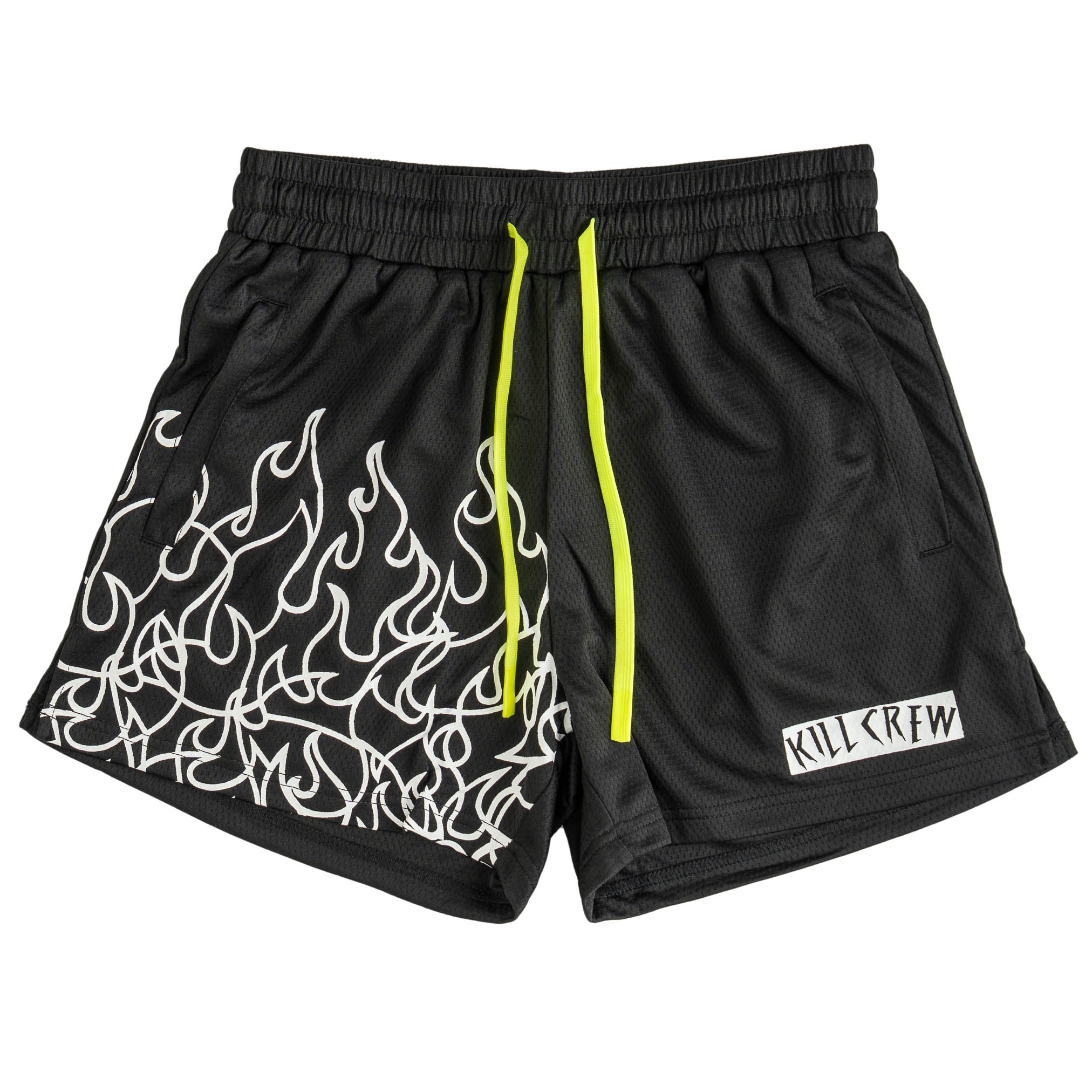 MUAY THAI FLAME SHORTS (MID THIGH CUT) - BLACK / WHITE