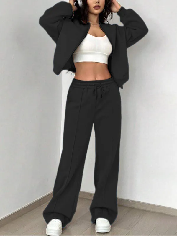 Two-piece Set Women's Solid Zip Up Drop Shoulder Jacket & Pocket Elastic Waist Pants