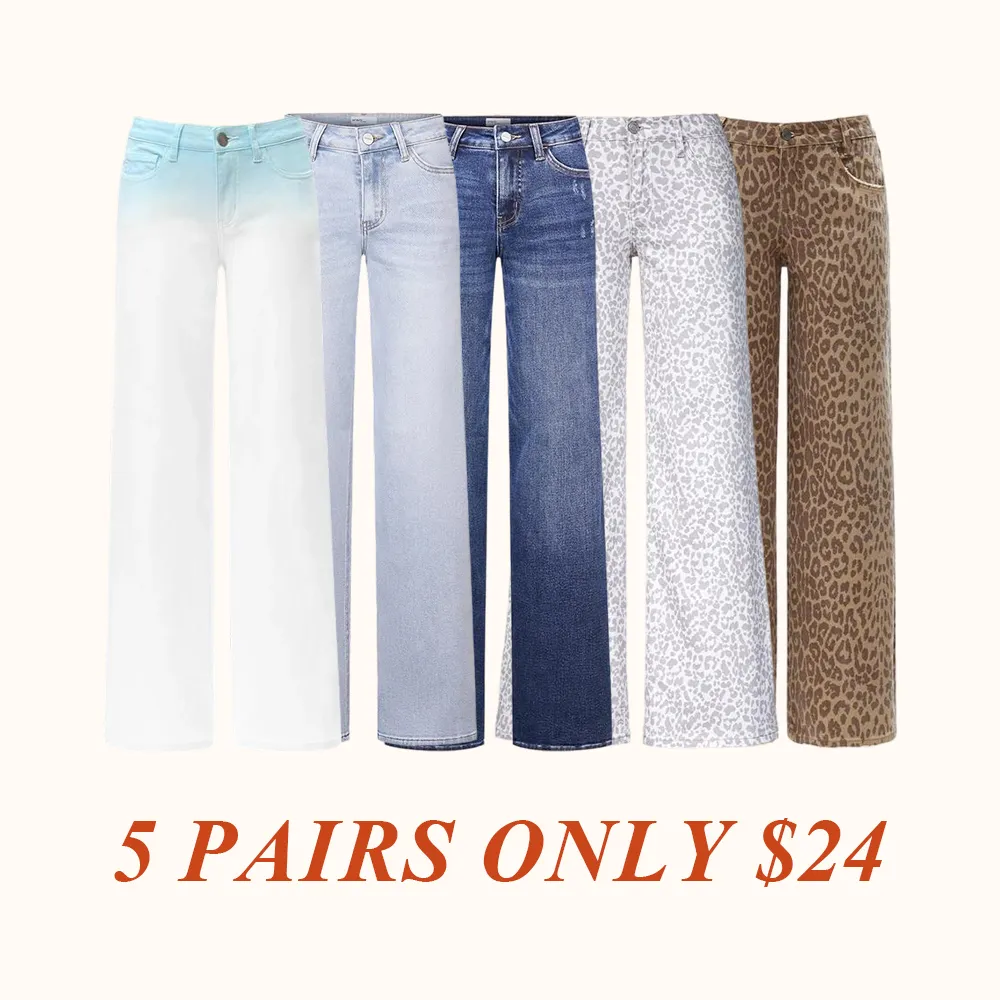 Mid-low Rise Baggy Jeans Stretchy Wide Leg for Women Distressed Pants