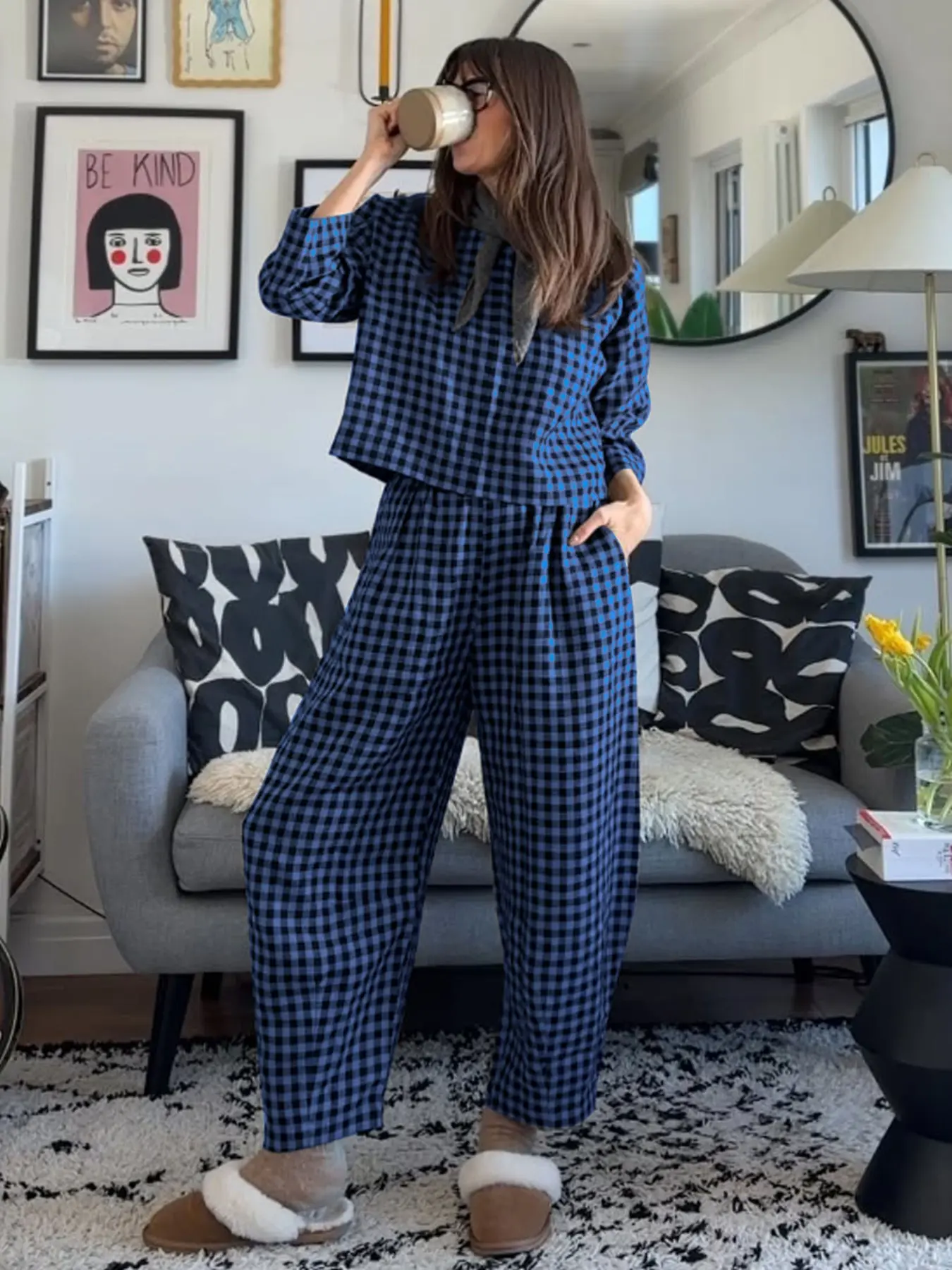 Women's Casual Woven Fabric Plaid Checkered Print Co-ord Set for Fall, Loose Fit Long Sleeve Top & Elastic Waist Wide Leg Pants Two-Piece Set
