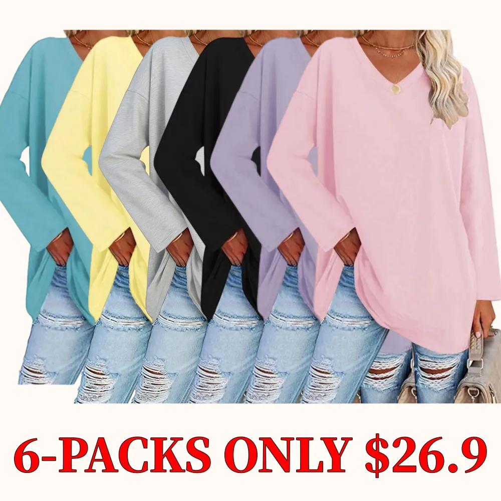 Plus-size solid color drop-shoulder V-neck T-shirt