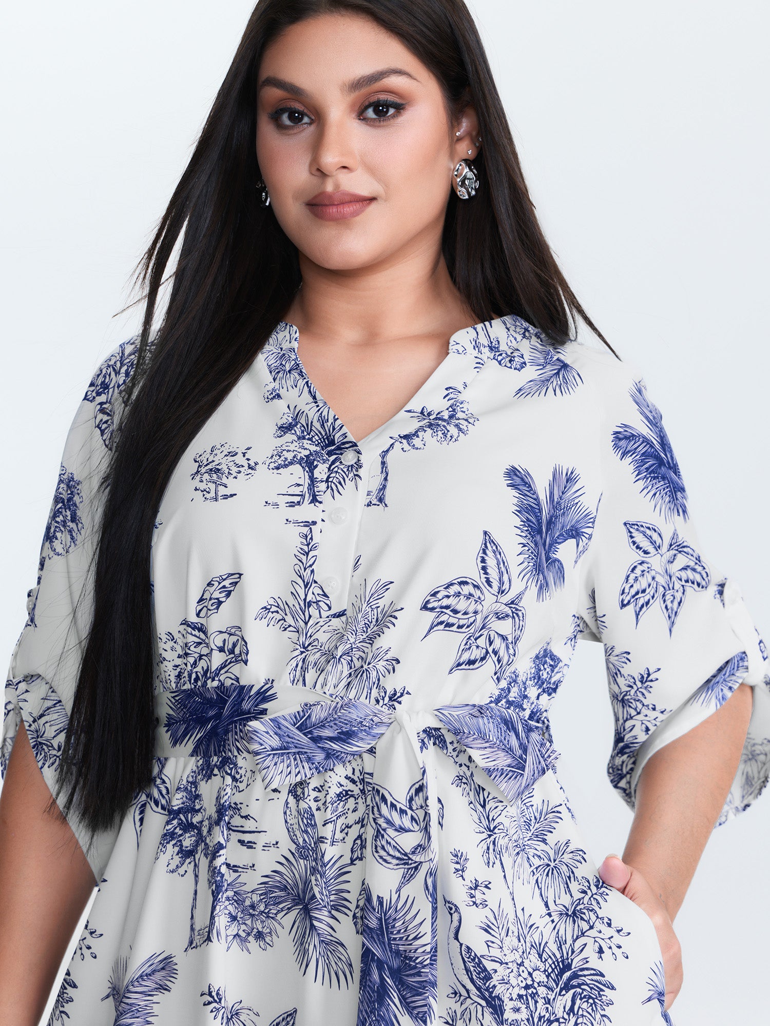 Forest Print Belted Folded Sleeve Midi Dress