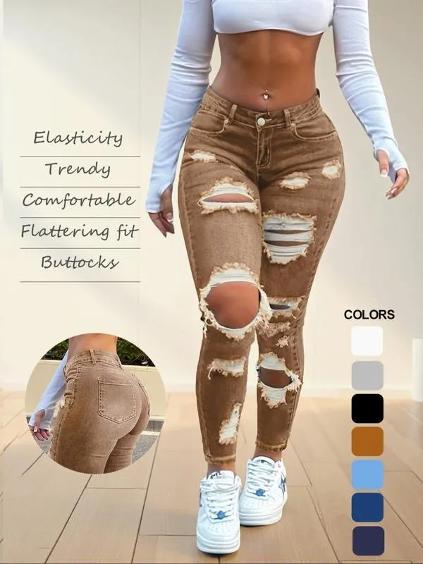 Women's High Waist Ripped Skinny Jeans with Butt Lifting Design, Elastic Denim for Valentine's Day Fashion