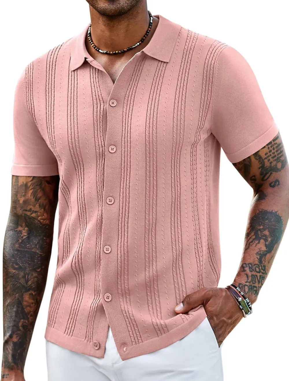 Men's Knit Shirts Short Sleeve Casual Button Down Polo Shirt Summer Beach Vacation Shirts Outfit Top