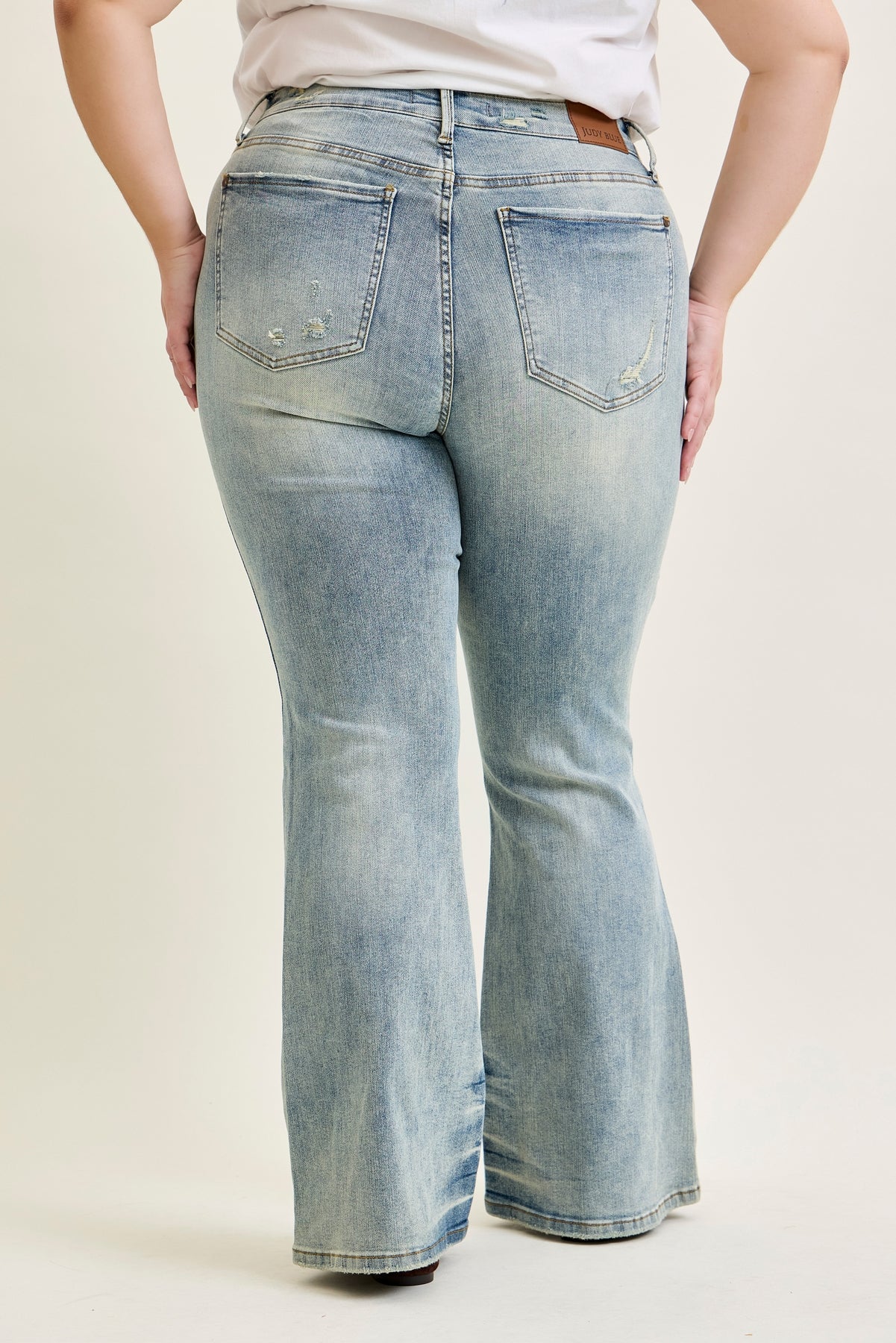 Megan Mid Rise Tinted Pin Tack Detail Flare Jeans - PLUS