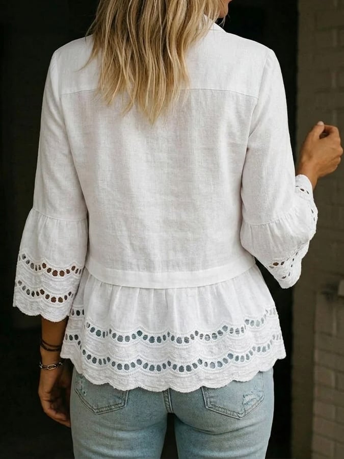 Women's Casual Collared Hollow-Out Patchwork Shirt- Fast Shipping