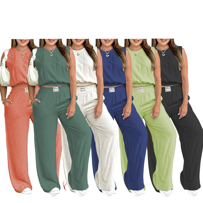 Women's 2-Piece Solid Color Tank Top & Wide Leg Pants Set – Casual Breathable Outfit for Summer