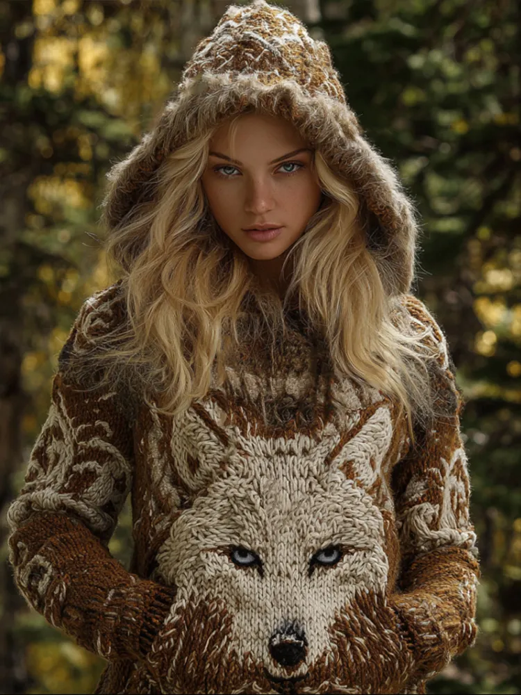 Viking Retro Style Wolf Element Women's Hooded Knit Sweater