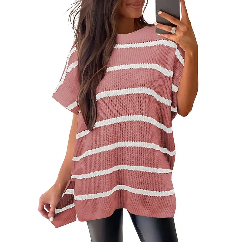 Women’s Crew Neck Short Sleeve Pullover Elegant Solid Color Knitwear