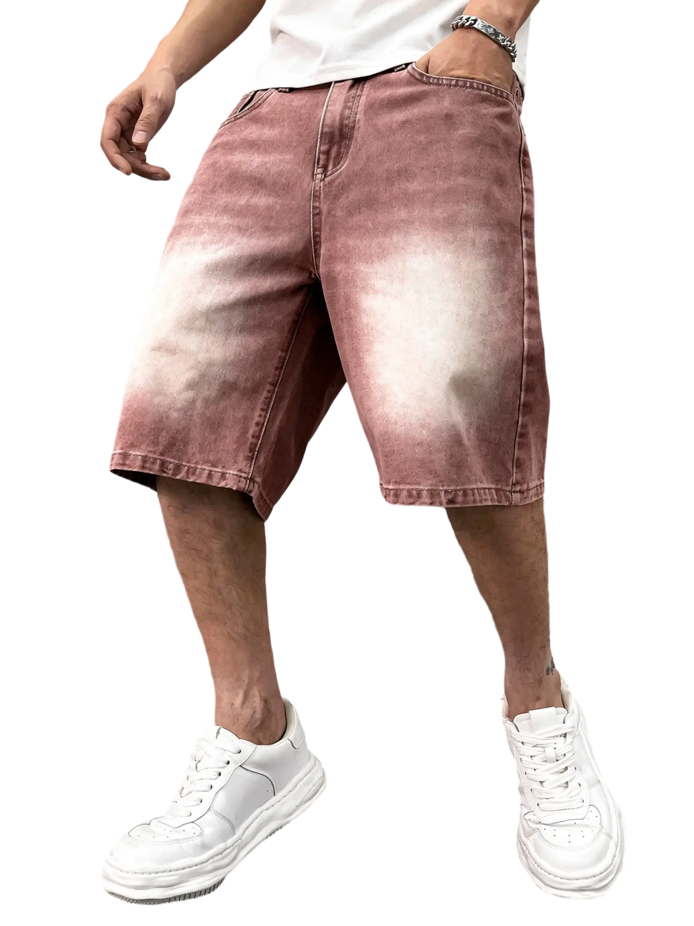 Men's washed retro color denim shorts, trendy, versatile, loose straight-leg casual streetwear denim five-point pants