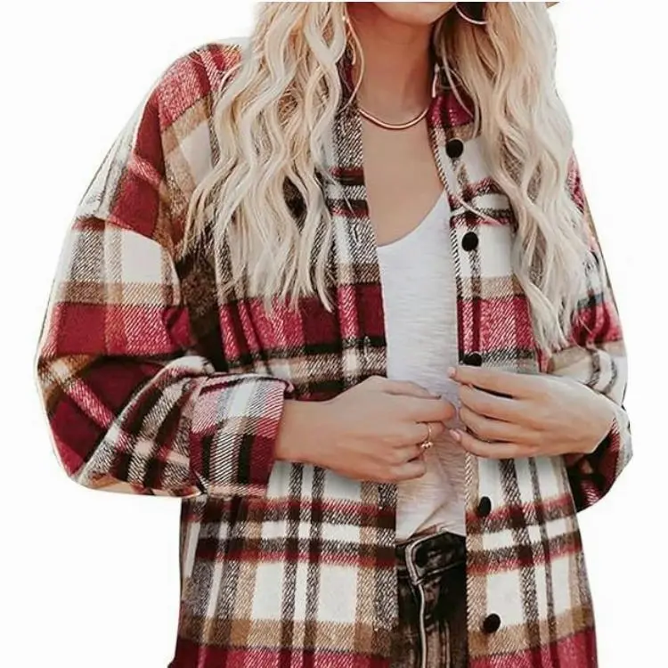 Womens Plus Size Shacket Jacket Flannel Plaid Long Sleeve