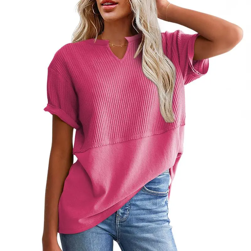 2026 Spring/Summer Cozy Oversized Waffle Knit V-Neck Top Women's Short Sleeve Pullover
