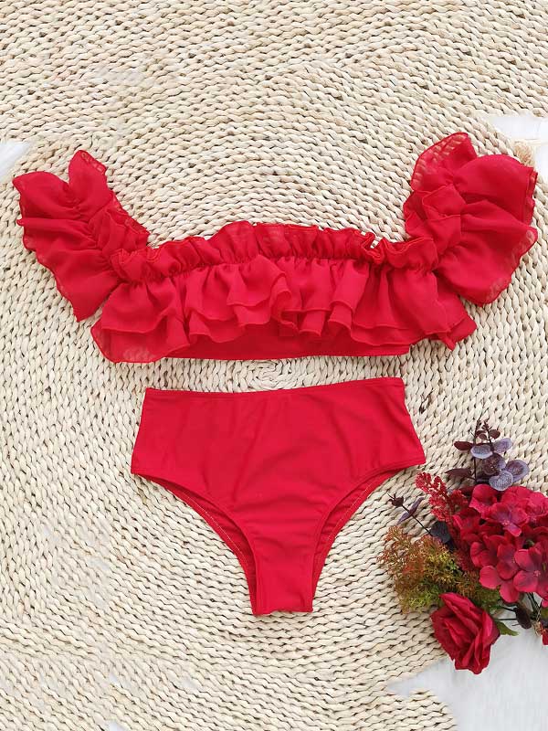 Off-The-Shoulder Falbala Padded Bralette High-Waisted Bikini Swimwear