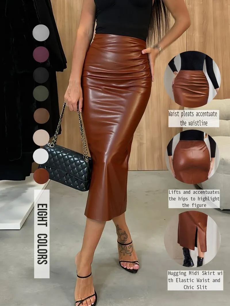 Women's Solid Color PU Leather Skirt, Fashionable Casual Skirt for Daily Outdoor Wear