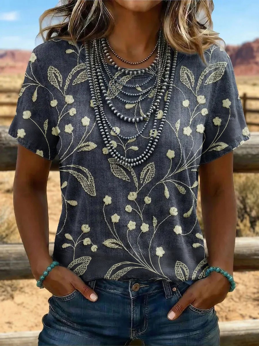 Women's Casual Retro Western Print T-shirt
