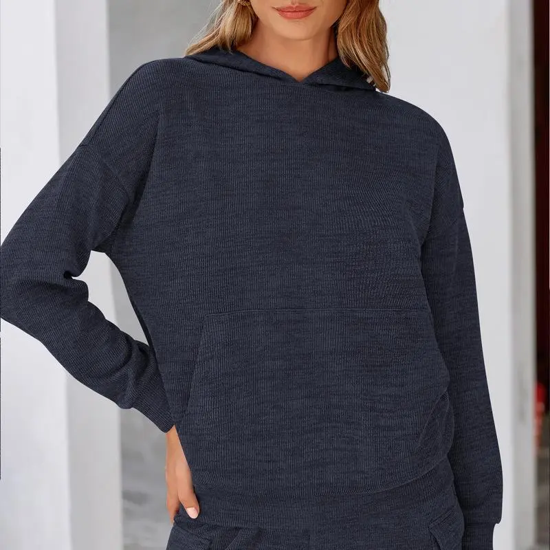 Women’s Casual Knit Tracksuit – Hoodie & Wide Leg Pants with Pockets