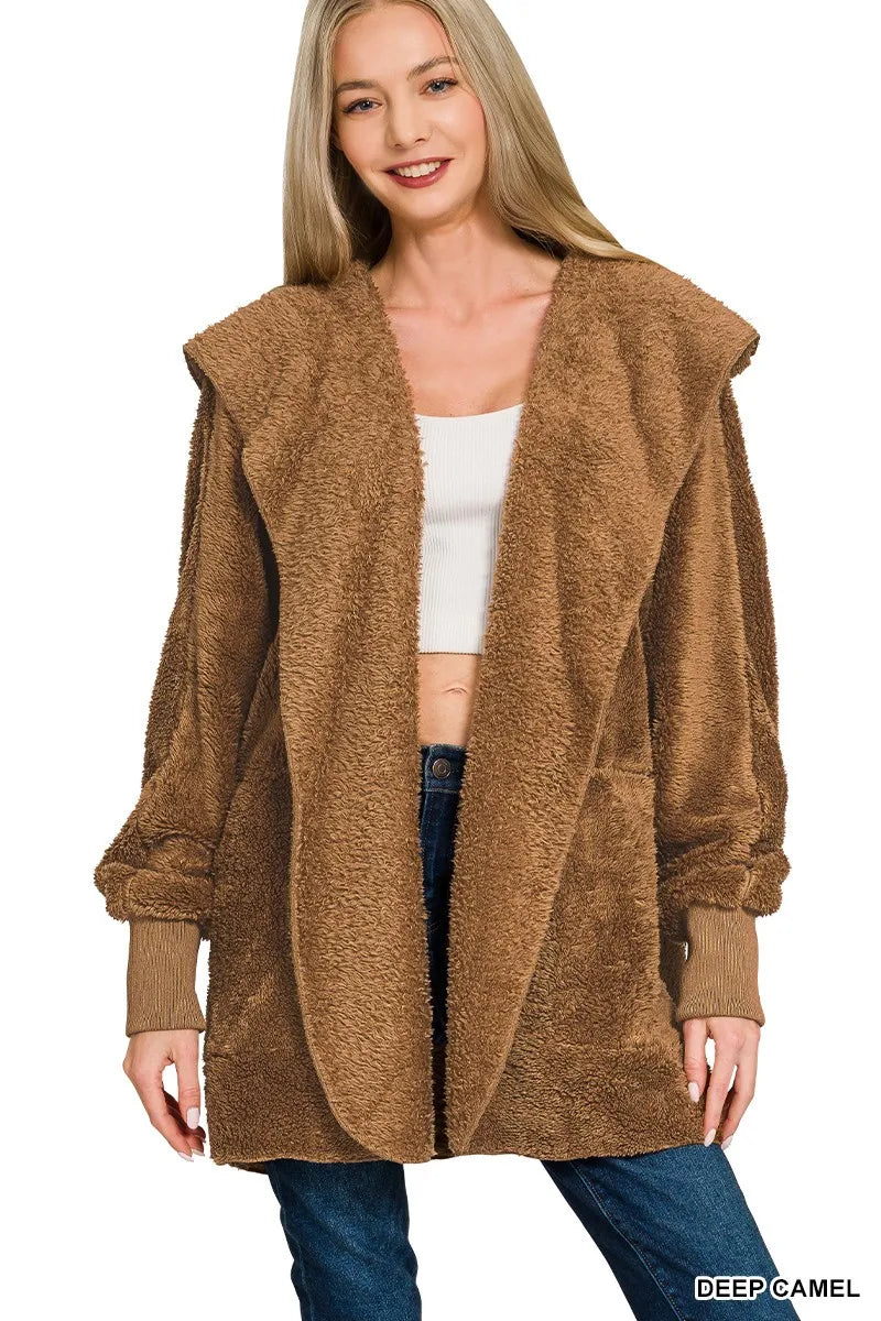 Hooded Faux Fur Jacket with Pockets